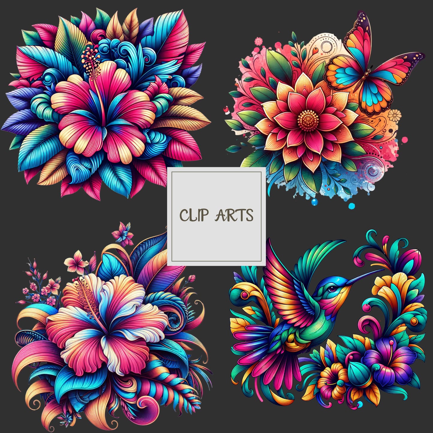 Vibrant Floral and Animal Clipart Bundle for Instant Download - Perfect for Sublimation Designs and Creative Projects