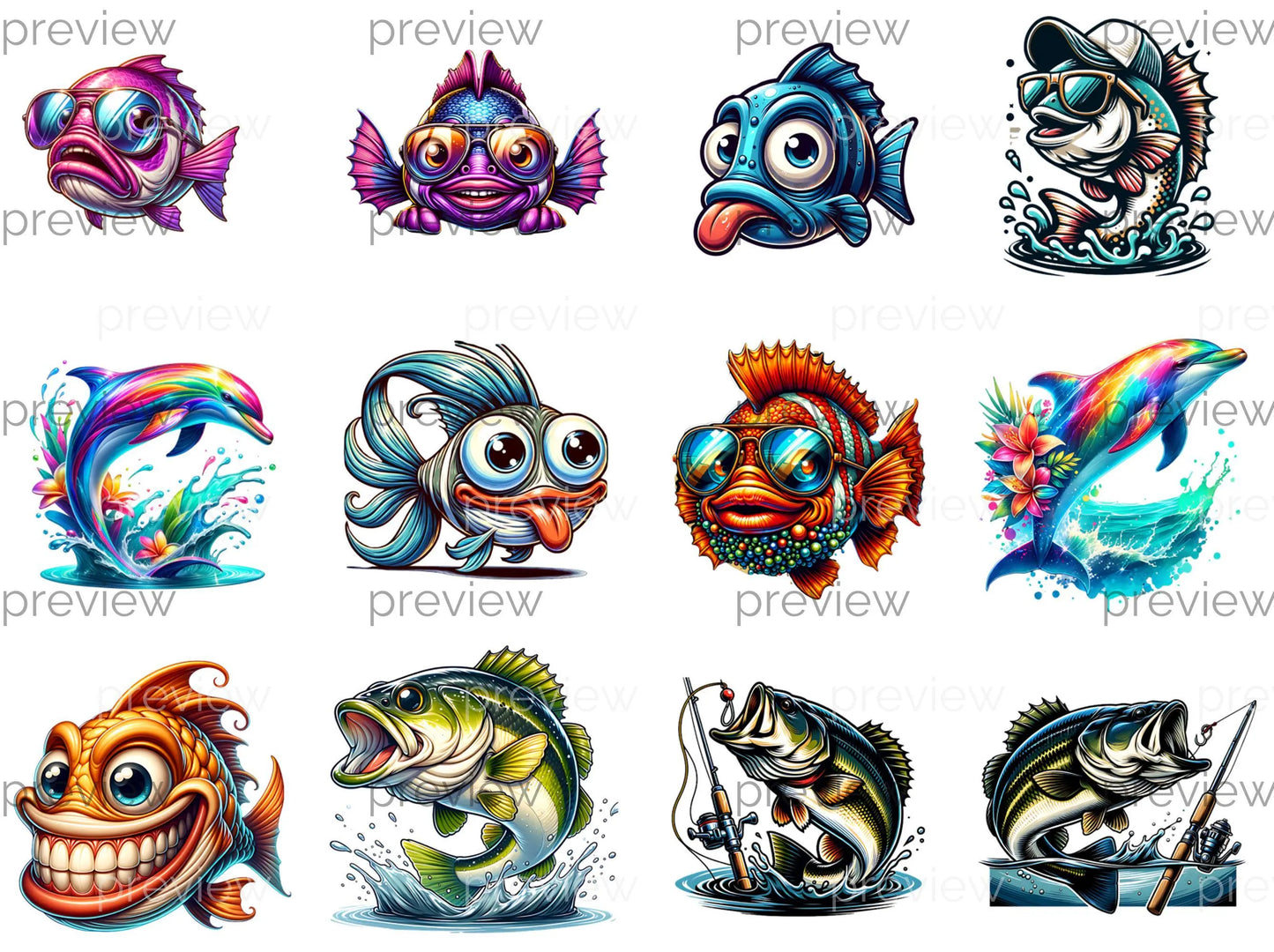 Vibrant Cartoon Fish Clipart Bundle: PNG designs for sublimation, stickers ,T-shirts, and DTF. Instant digital download with cute graphics!