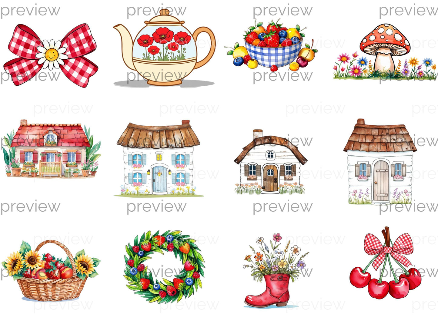 Spring Cottage Care Clipart, featuring fruits florals and rustic farm elements, Perfect for nurseries and kids Commercial use allowed