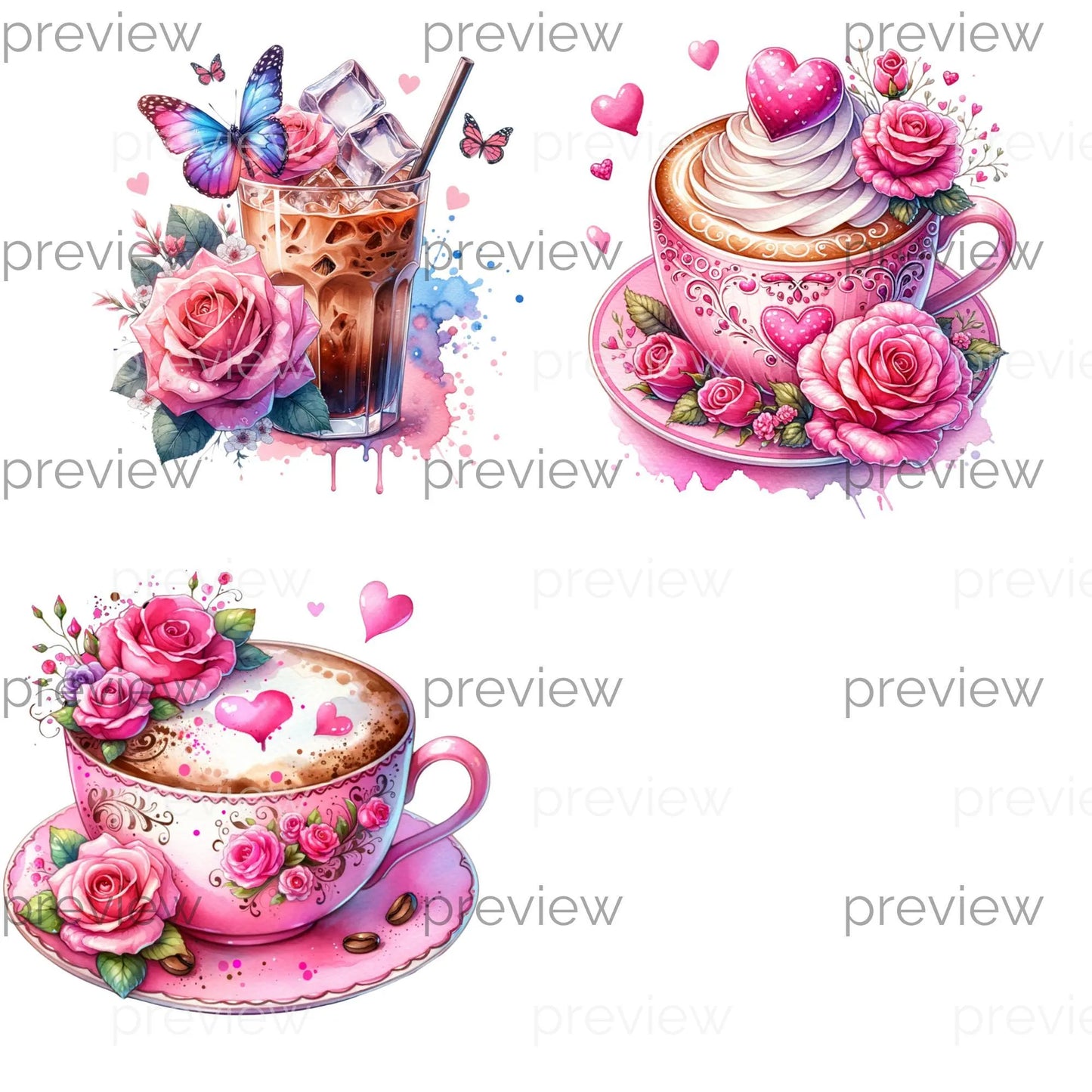 Charming Romantic Clipart Bundle with Iced Coffee, Teacup, and Frothy Coffee - Perfect for Sublimation and Instant Download