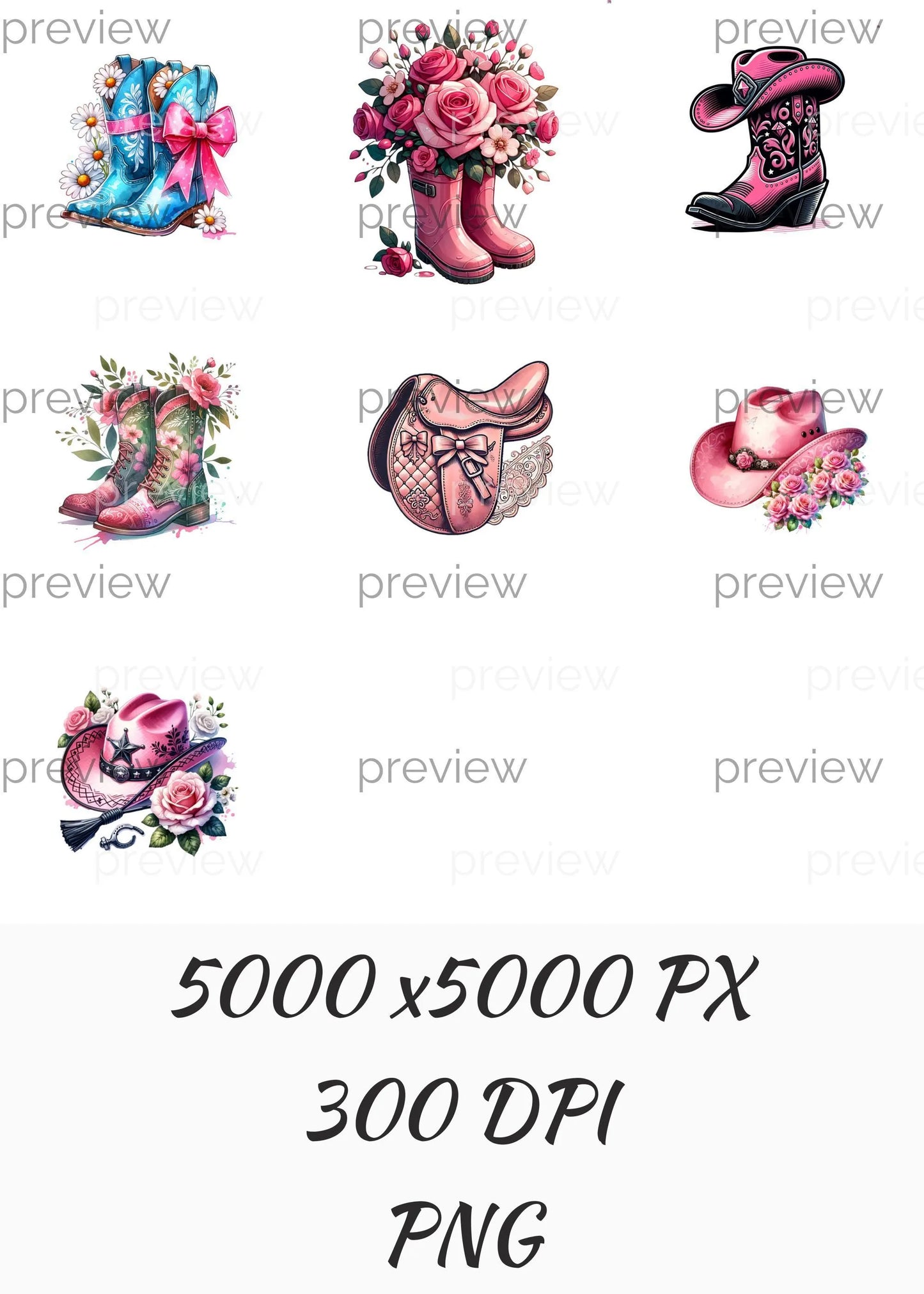 Vibrant Coquette Cowboy Boots with Floral Patterns and Pink Ribbon - Whimsical Digital Art for Instant Download