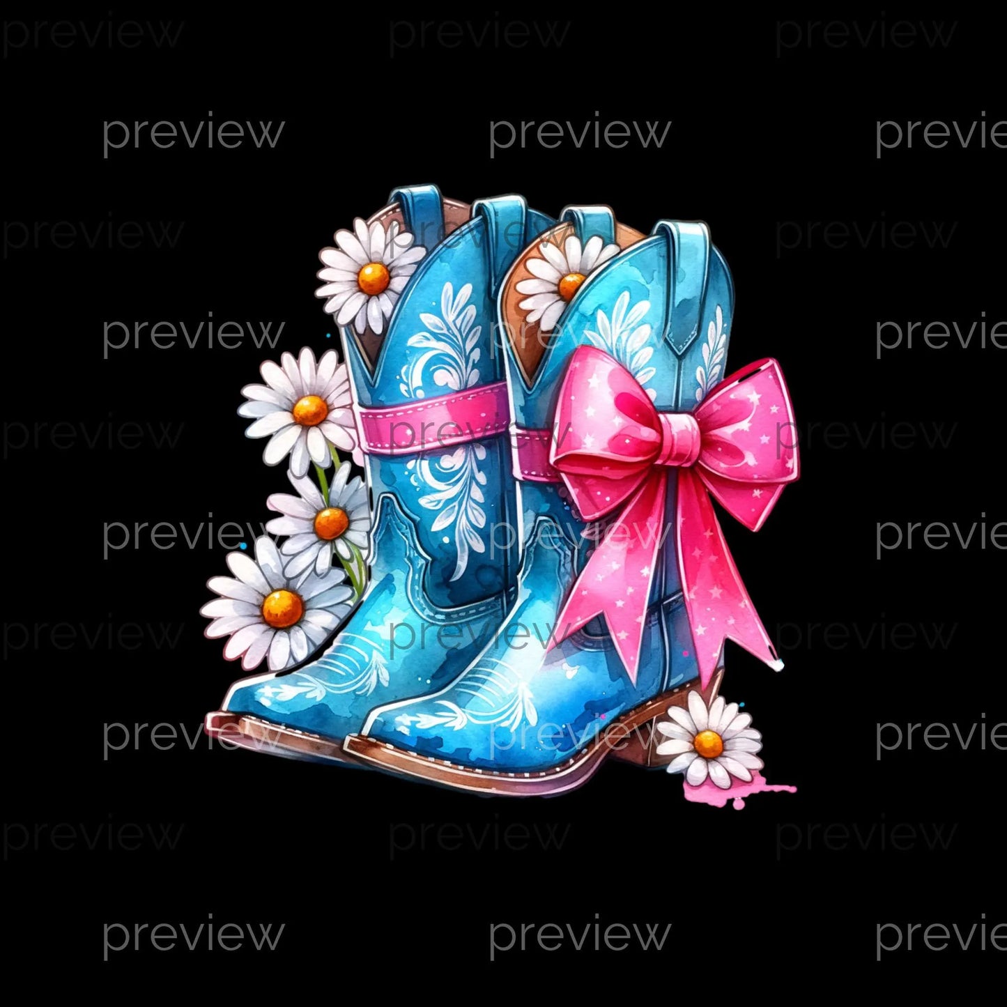 Vibrant Coquette Cowboy Boots with Floral Patterns and Pink Ribbon - Whimsical Digital Art for Instant Download