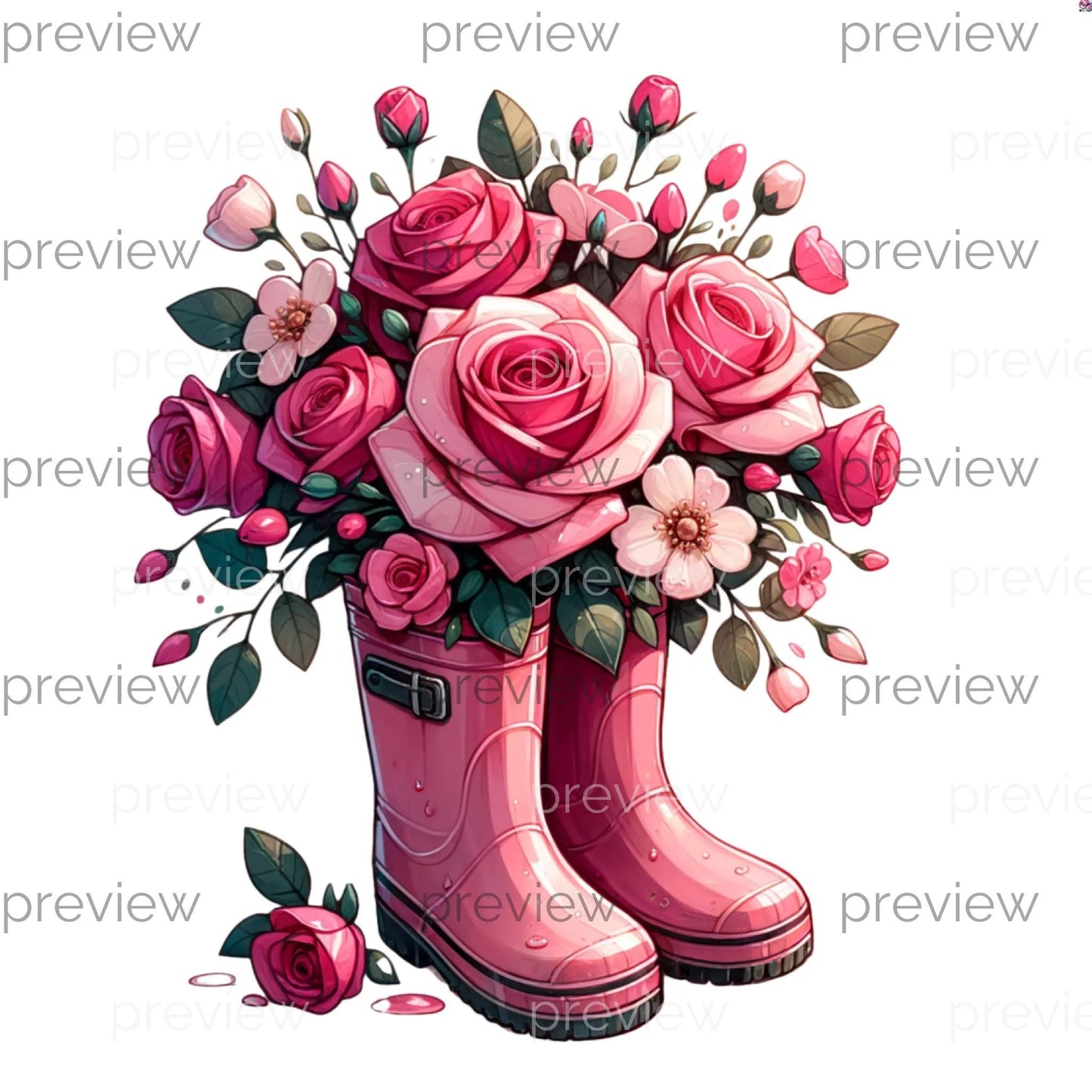 Vibrant Coquette Cowboy Boots with Floral Patterns and Pink Ribbon - Whimsical Digital Art for Instant Download