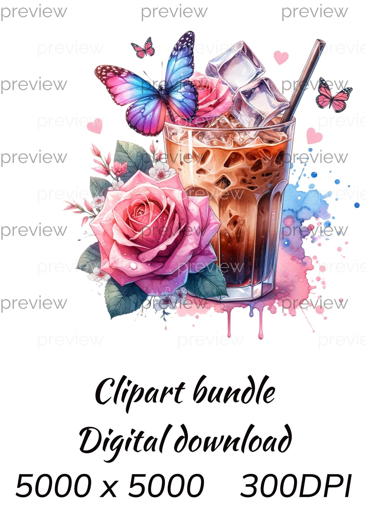 Charming Romantic Clipart Bundle with Iced Coffee, Teacup, and Frothy Coffee - Perfect for Sublimation and Instant Download
