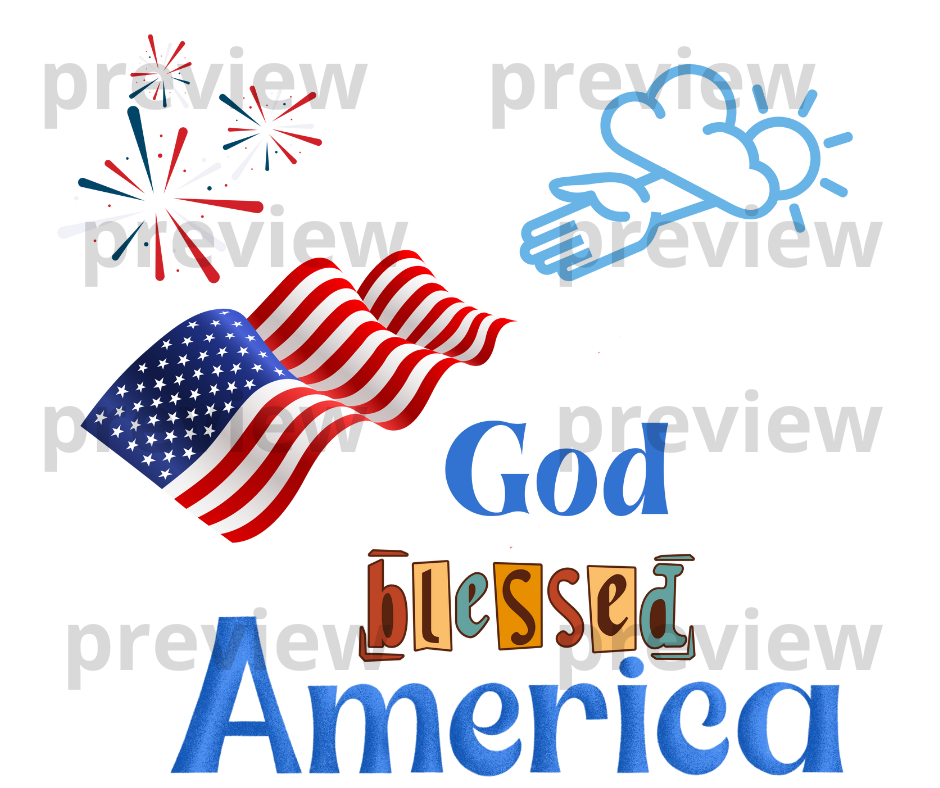 God Blessed America Patriotic Clip Art — Faith-Filled USA Flag & Fireworks PNG for 4th of July Sublimation