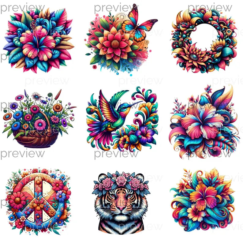 Vibrant Floral and Animal Clipart Bundle for Instant Download - Perfect for Sublimation Designs and Creative Projects