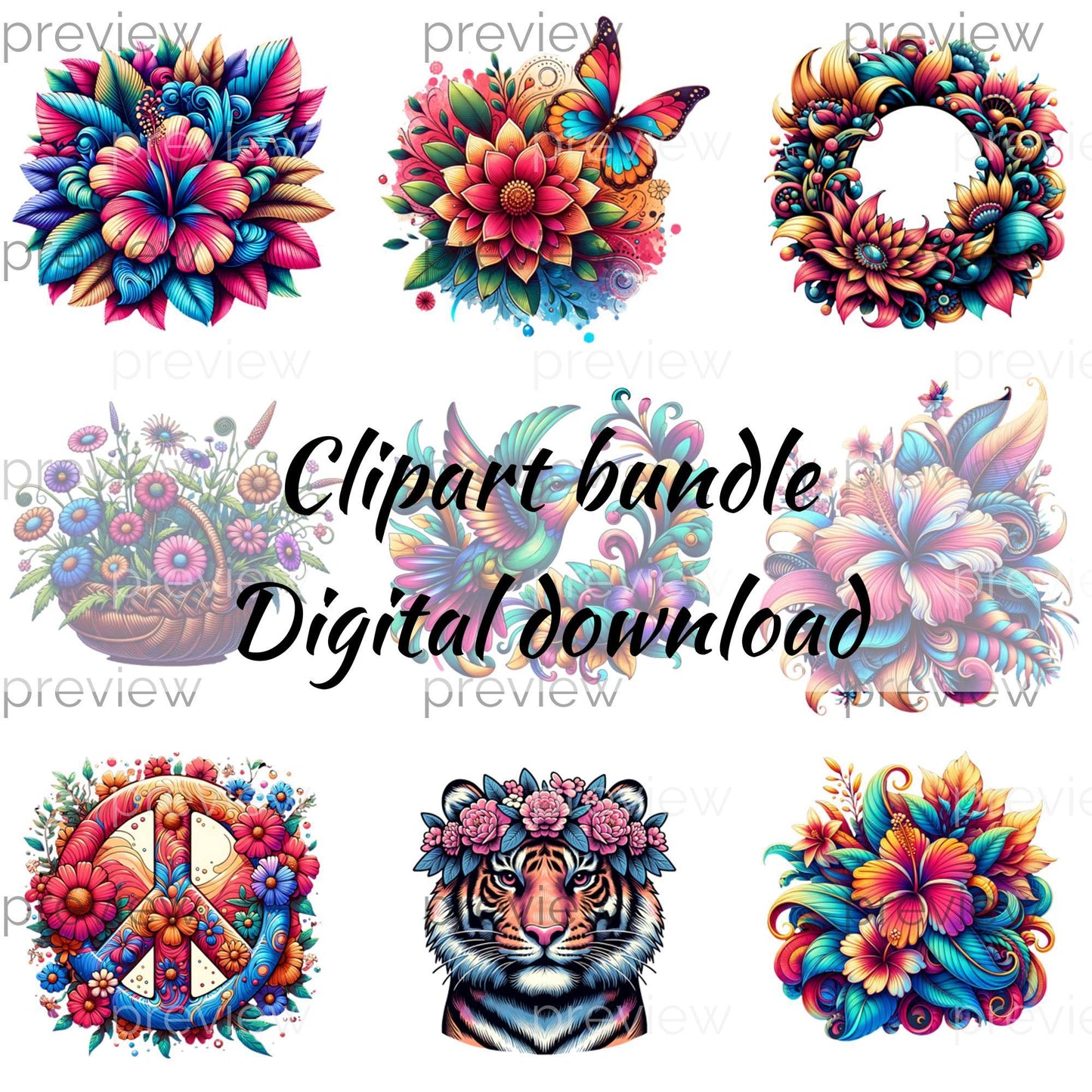 Vibrant Floral and Animal Clipart Bundle for Instant Download - Perfect for Sublimation Designs and Creative Projects