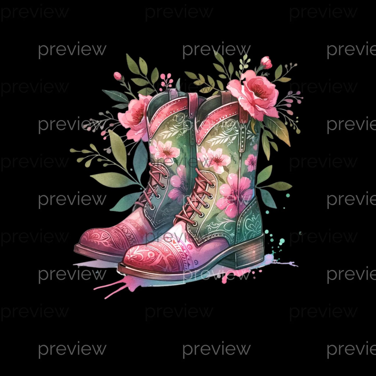 Vibrant Coquette Cowboy Boots with Floral Patterns and Pink Ribbon - Whimsical Digital Art for Instant Download